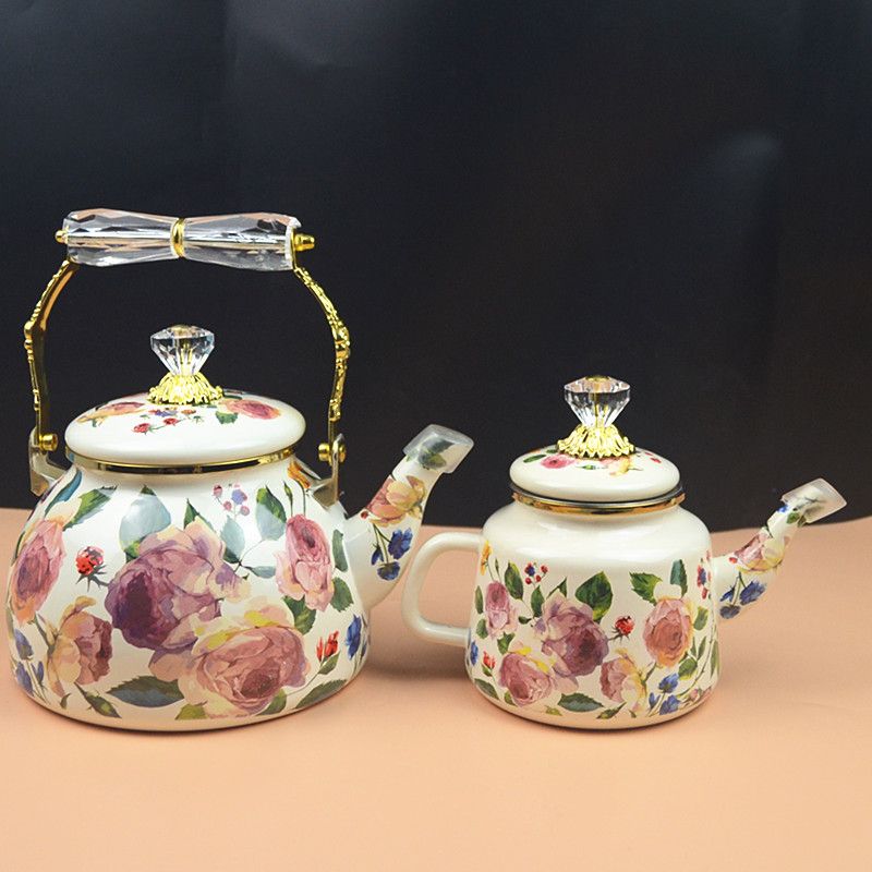 Vintage Coffee Equipment - Vintage Oil Painting Rose Enamel Kettle
